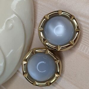 Vintage 1930s 40s Blue Moonstone Round Earrings Gold Tone Notched Border